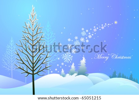 Christmas landscape with snow flakes , trees and a star