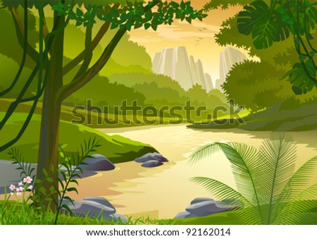 TROPICAL RAIN FOREST TREES AND FRESH WATER STREAM