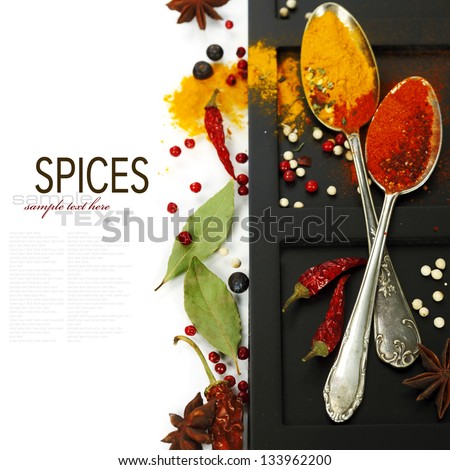 Bright spices border.Isolated on white (with easy removable text)