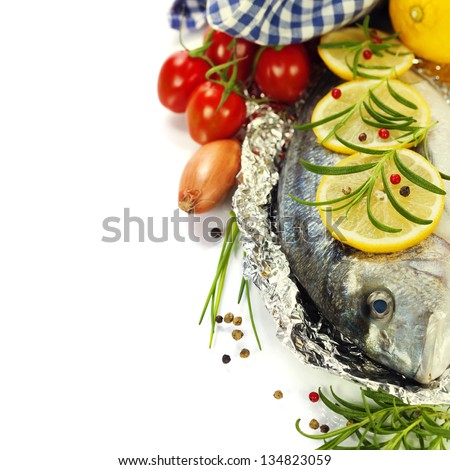 fresh seafood and vegetables over white- food and drink border