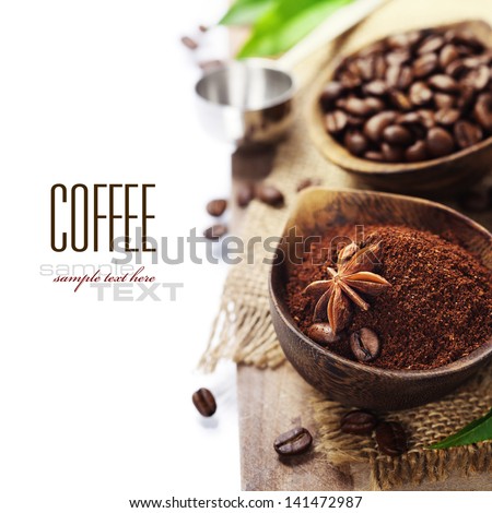 Wooden Bowls with coffee beans and ground coffee over white (with sample text)