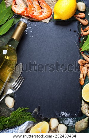 Food background with Seafood and Wine. Lots of copy space