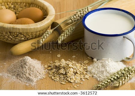 Milk, eggs, flour