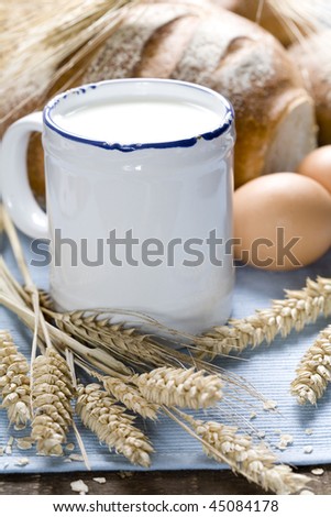 Wheat, bread, milk and eggs on a blue napkin