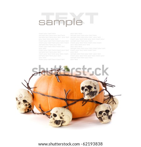 Pumpkin and skulls over white (with sample text)