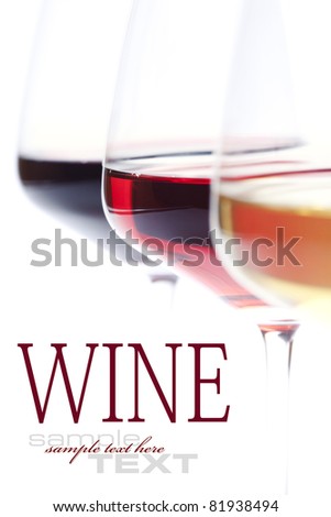 Three glass of wine (white, red and rose) over white (with sample text)