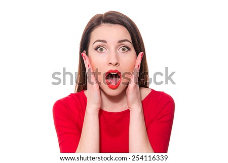 Adorable Woman With Red Lipstick Standing In Awe Looking At Camera With ...