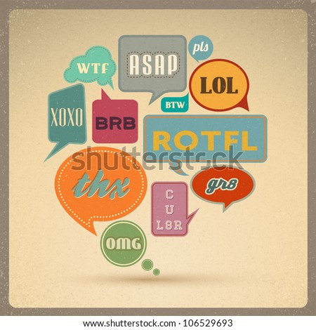 Most common used acronyms and abbreviations on retro style speech bubbles.