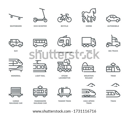 Land Transport Icons, side view,  Monoline concept. The icons were created on a 48x48 pixel aligned, perfect grid, providing a clean and crisp appearance. Adjustable stroke weight.