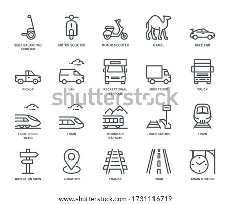 Land Transport Icons, mixed view,  Monoline concept. The icons were created on a 48x48 pixel aligned, perfect grid, providing a clean and crisp appearance. Adjustable stroke weight.