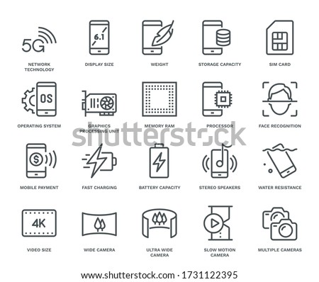 Smartphone Specification Icons. Monoline concept
The icons were created on a 48x48 pixel aligned, perfect grid providing a clean and crisp appearance. Adjustable stroke weight. 
