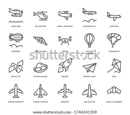 Aircraft Icons,  Monoline concept
The icons were created on a 48x48 pixel aligned, perfect grid providing a clean and crisp appearance. Adjustable stroke weight. 
