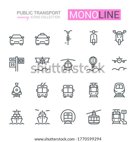 Public Transport Icons, oncoming/front view,  Monoline concept. 
The icons were created on a 48x48 pixel aligned, perfect grid providing a clean and crisp appearance. Adjustable stroke weight. 