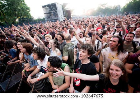 NOVI SAD, SERBIA - JULY 7: Audience infront of the Main Stage at EXIT 2011 Music Festival, during Bad Religion\'s performance on July 7, 2011 in the Petrovaradin Fortress in Novi Sad.