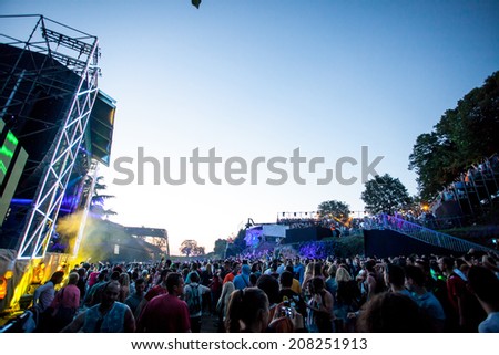 NOVI SAD, SERBIA - JULY 12: Audience infront of the Dance Arena at EXIT 2014 Music Festival, on July 12, 2014 in the Petrovaradin Fortress in Novi Sad.