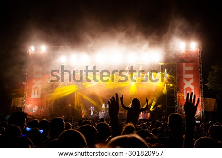 NOVI SAD, SERBIA - JULY 11 2015: Audience infront of the Main Stage at EXIT 2015 Music Festival, during John Newman\'s performance, on July 11, 2015 at the Petrovaradin Fortress in Novi Sad, Serbia.