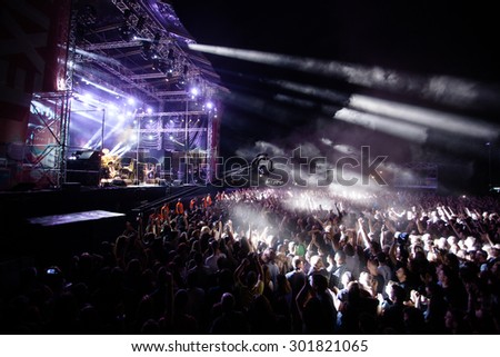 NOVI SAD, SERBIA - JULY 10 2015: Audience infront of the Main Stage at EXIT 2015 Music Festival, during MOTORHEAD\'s performance, on July 10, 2015 at the Petrovaradin Fortress in Novi Sad, Serbia.