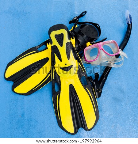 Dive equipment. Fins, scuba mask and snorkel