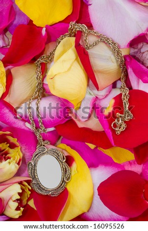 Blank locket with clipping path against rose petals