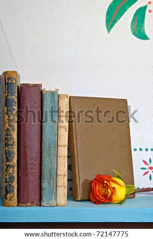 Rose on Shelf beside Old Books