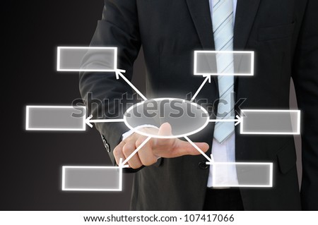 Businessman hand touch screen button of six choices blank chart