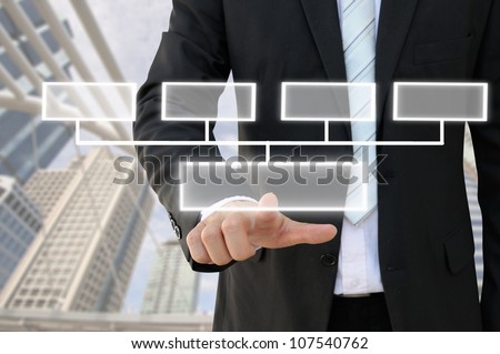 Businessman hand touch screen button of 4 choices blank chart with building background