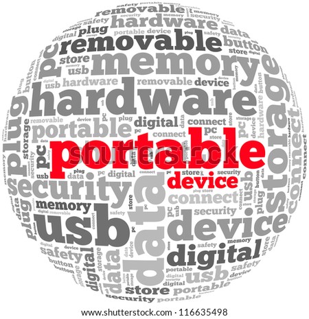 Portable device info-text graphics and arrangement concept on white background (word cloud)