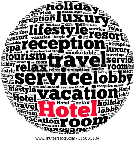 Hotel info-text graphics and arrangement concept on white background (word cloud)