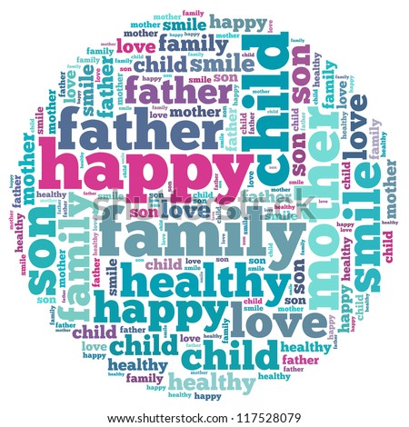 Happy Family info-text graphics and arrangement concept on white background (word cloud)