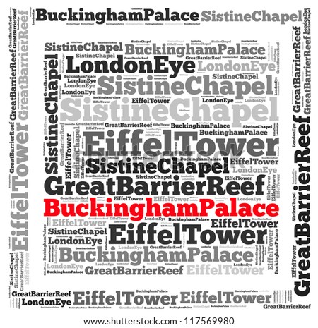 Top International Tourist Attractions Buckingham Palace info-text graphics and arrangement concept on white background (word cloud)