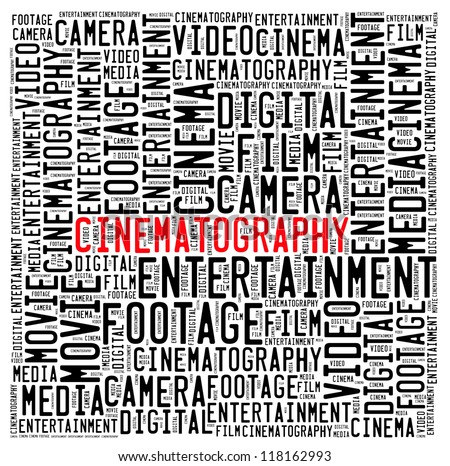 Cinematography info-text graphics and arrangement concept on white background (word cloud)