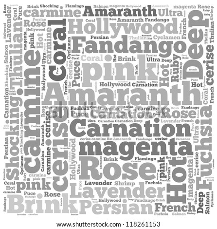 Pink colour info-text graphics and arrangement concept on white background (word cloud)