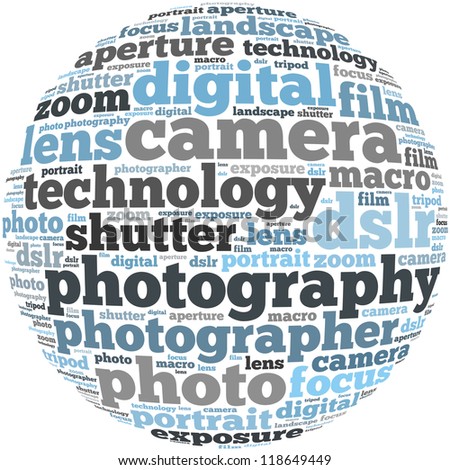 Camera info-text graphics and arrangement concept on white background (word cloud)