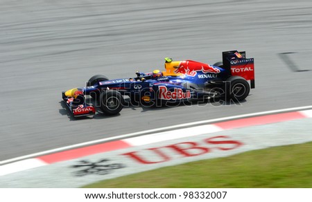 SEPANG, MALAYSIA -MARCH 23 : Red Bull Racing-Renault Team driver Mark Webber action on track during Petronas Malaysian Grand Prix second practice session at Sepang F1 circuit March 23, 2012 in Sepang