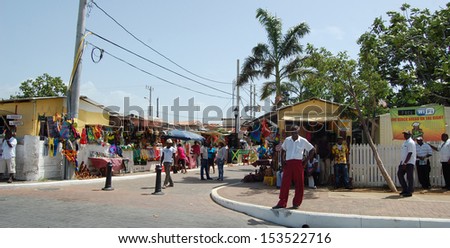 FALMOUTH, JAMAICA - June 18: Street vendors selling souvenir to tourists. June 18, 2013 in Falmouth, Jamaica