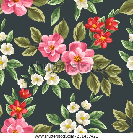 Floral seamless pattern with pink, white and red flowers and leaves on dark background.