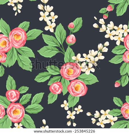 Floral seamless pattern with pink roses and small white flowers on dark grey background.
