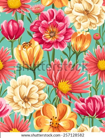 Spring seamless pattern with bright flowers