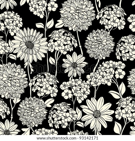 Floral Seamless Pattern With Hand Drawn Flowers. Black And White Stock ...
