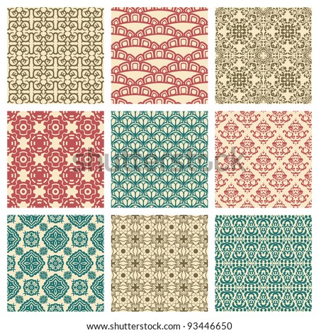 Set Of Nine Seamless Pattern In Retro Style Stock Vector Illustration ...