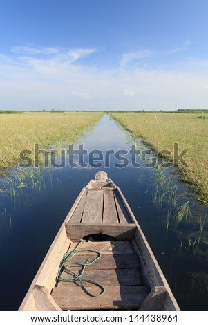 Head of traditional wooden long tailed boat. running through the wetland.