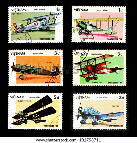 VIETNAM - CIRCA 1986: A stamp printed by VIETNAM shows military aircraft, Set 6, circa 1986