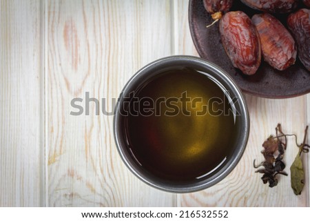 Top view, Dried dates on plate with cup of tea on table