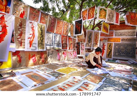 BAGAN, MYANMAR - FEB 15: Sand paintings for sale on Feb 15, 2011 in Bagan, Myanmar. Sand paintings are popular because they are made using sand-covered cloth as a medium rather than ordinary canvas.