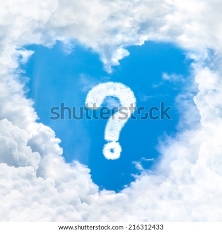 question mark sign on blue sky inside heart cloud form
