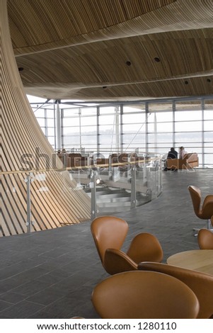 Welsh Assembly Building public gallery and cafe seating lounge.