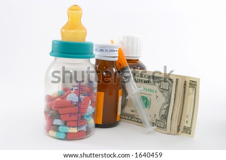 Tall perspective and apparent tall bottle emphasizes high cost. Expensive health care for children / baby. Pills in the milk bottle represents medication for children.