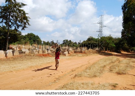August 2014-Village of Pomerini-Tanzania-Africa-An African woman on the head while carrying a bundle of firewood in the background the-cemetery outside the village with many deaths due to AIDS