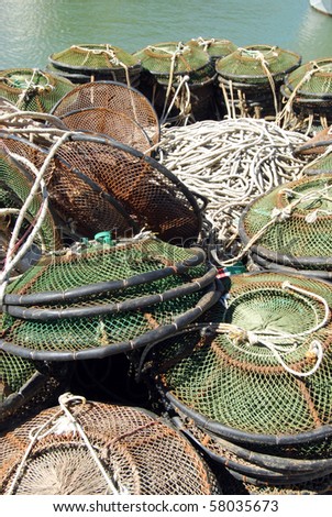 A stack of lobster pots ready to be shipped on the fishing boat