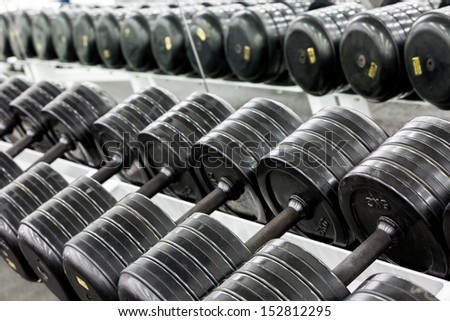 Stand with dumbbells. Sports and fitness room. Weight Training Equipment